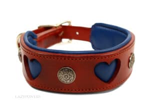 Wide leather dog collar Heart Lazypony, Luxury Personalized Collar, brown and blue leather dog collar