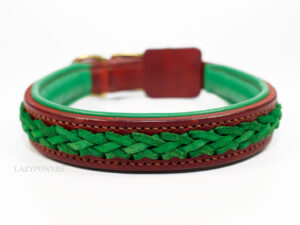 Braided leather dog collar Lorca Lazypony, handmade padded collar, brown collar with green braid and padding
